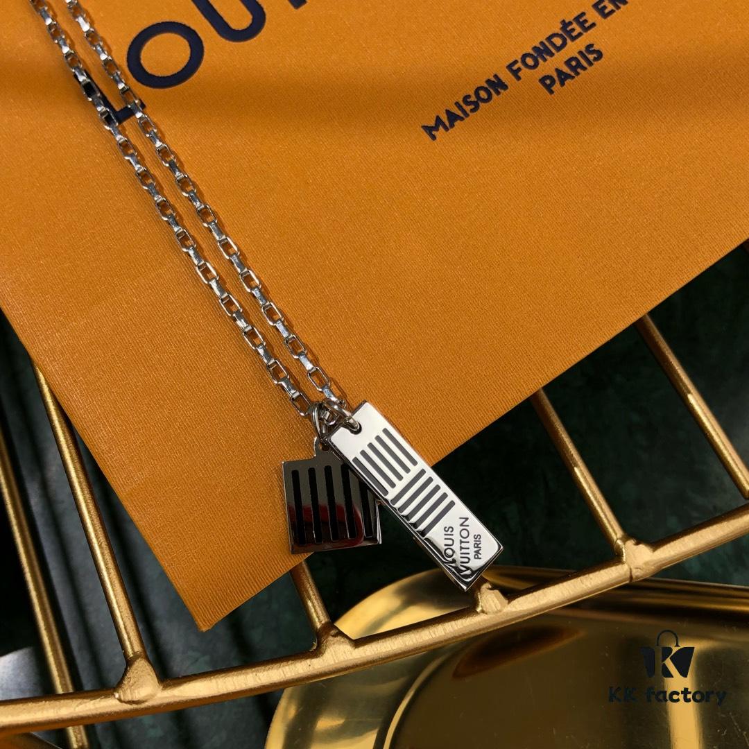 LV New Damier Black Necklace for Men, Elegant Gift Choice with Black Enamel and Palladium Finish