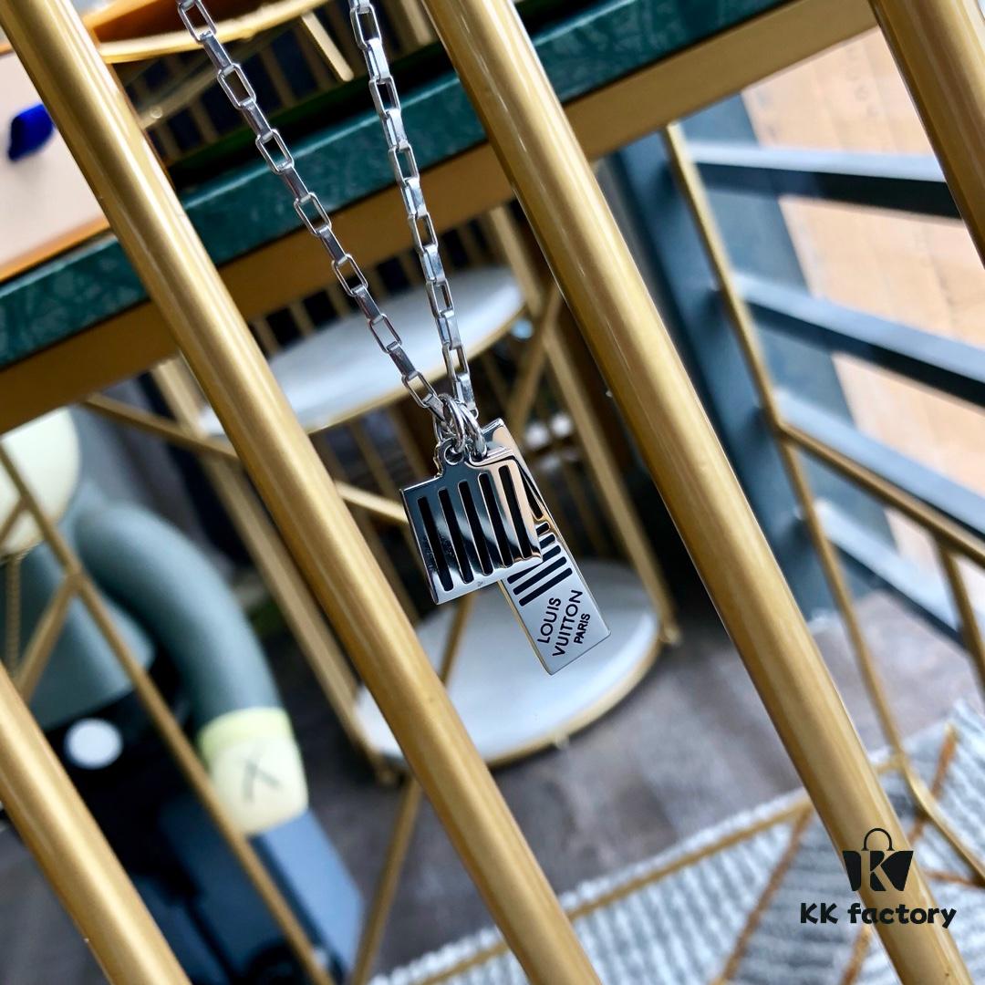 LV New Damier Black Necklace for Men, Elegant Gift Choice with Black Enamel and Palladium Finish