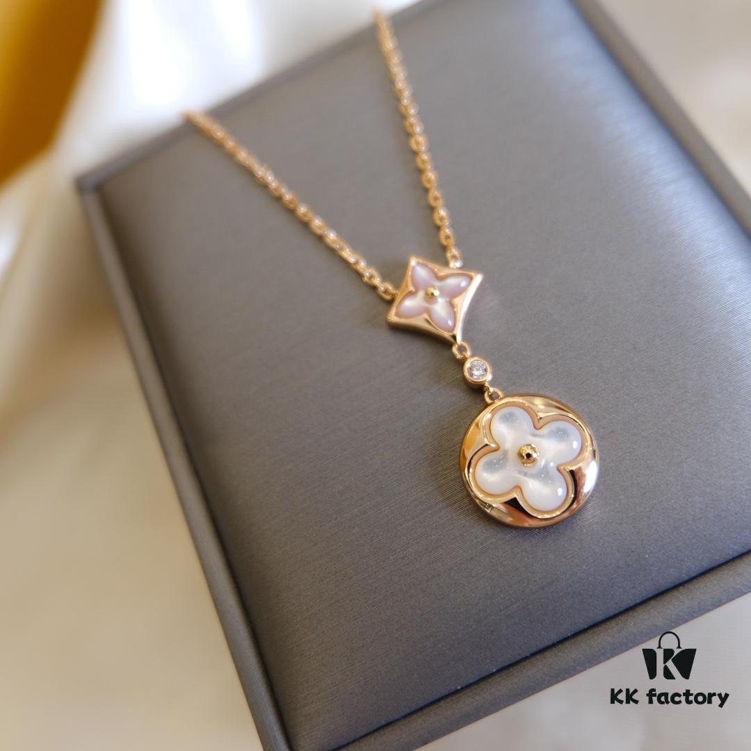 Exquisitely Crafted ZP LV Jewelry with Classic Floral Design, White Shell, Pink Rhombus Shell, and Accented with a Small Diamond