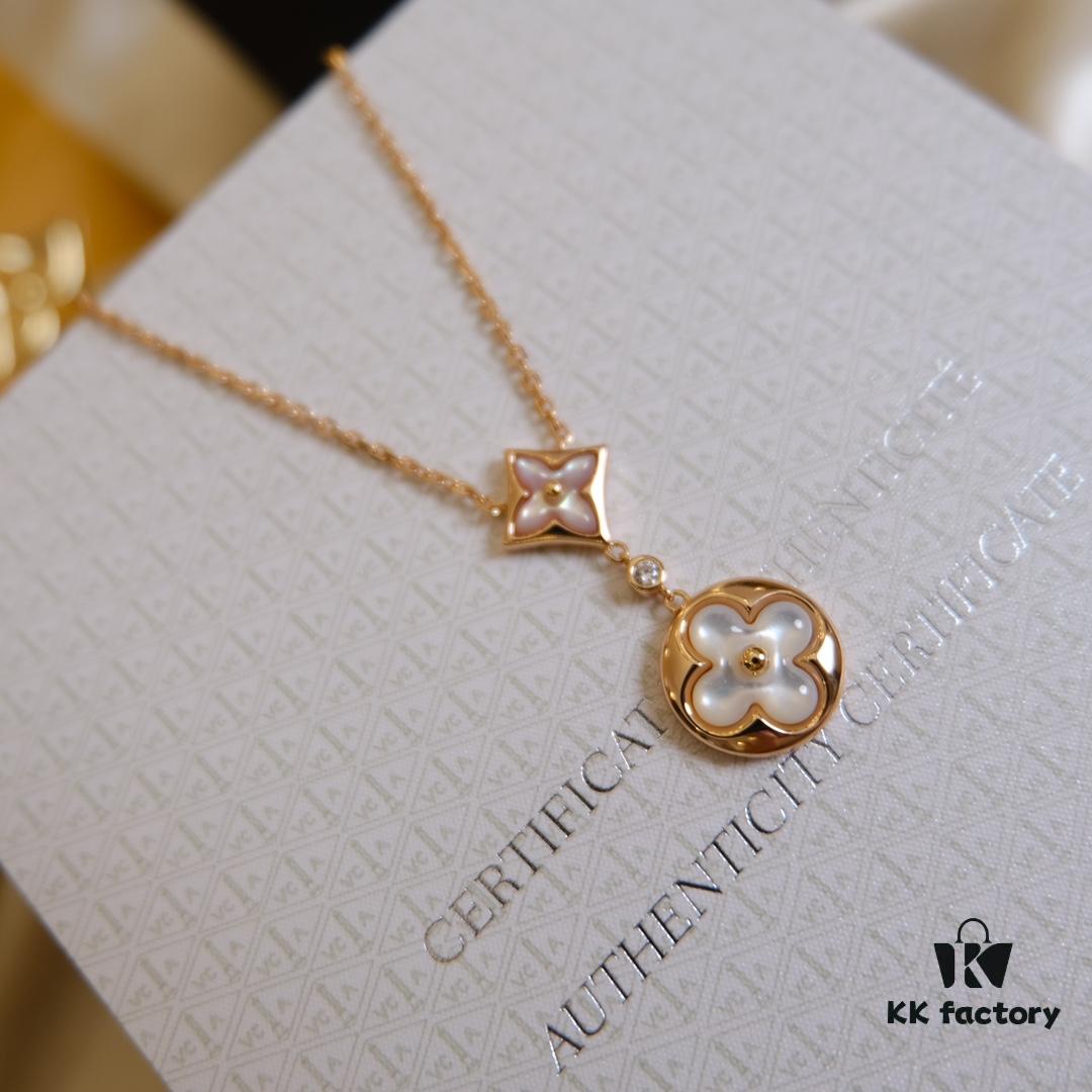 Exquisitely Crafted ZP LV Jewelry with Classic Floral Design, White Shell, Pink Rhombus Shell, and Accented with a Small Diamond