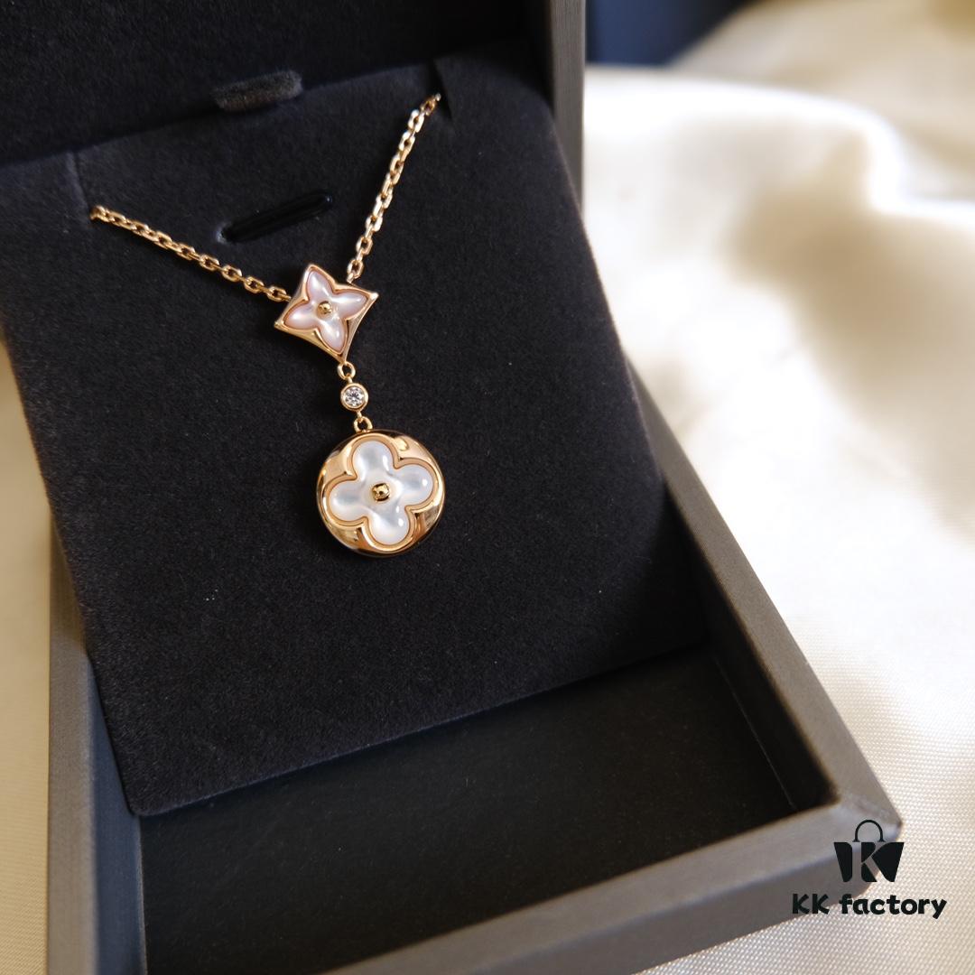 Exquisitely Crafted ZP LV Jewelry with Classic Floral Design, White Shell, Pink Rhombus Shell, and Accented with a Small Diamond