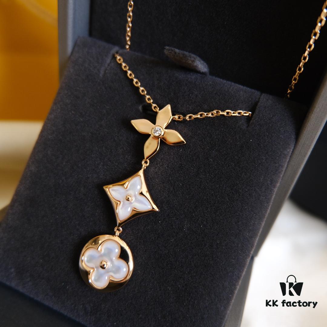 Exquisite ZP LV Jewelry with Classic Flower Design, White and Pink Mother-of-Pearl Accents, and a Touch of Diamond Sparkle