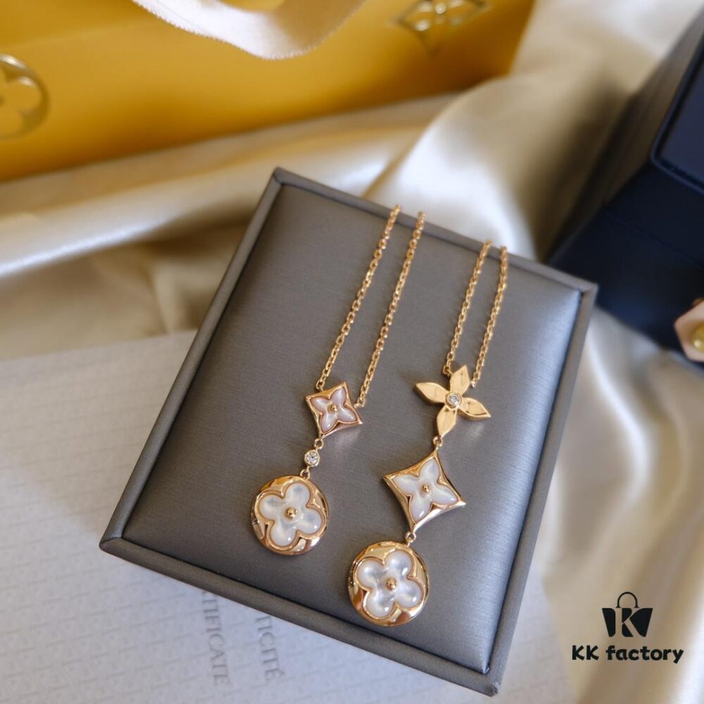 Exquisite ZP LV Jewelry with Classic Flower Design, White and Pink Mother-of-Pearl Inlay, Accented with a Small Diamond, Made in V Gold with Sterling Silver Chain