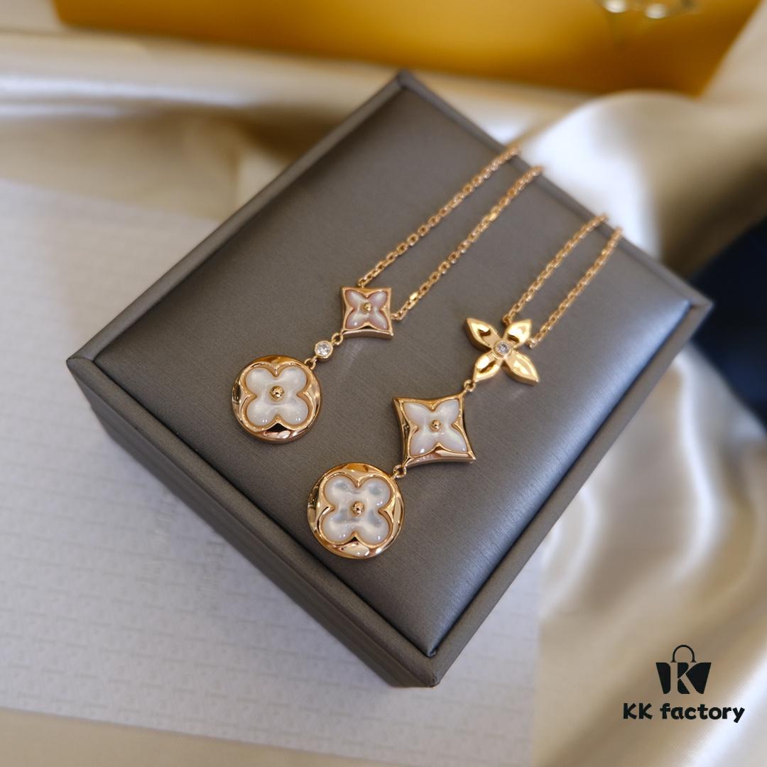Exquisite ZP LV Jewelry with Classic Flower Design, White and Pink Mother-of-Pearl Inlay, Accented with a Small Diamond, Made in V Gold with Sterling Silver Chain