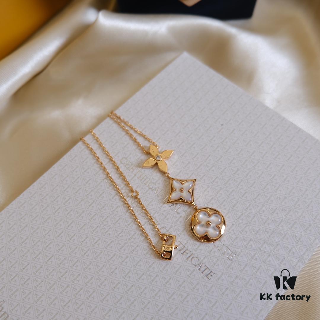 Exquisite ZP LV Jewelry with Classic Flower Design, White and Pink Mother-of-Pearl Inlay, Accented with a Small Diamond, Made in V Gold with Sterling Silver Chain