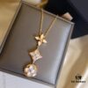 Exquisite ZP LV Jewelry with Classic Flower Design, White and Pink Mother-of-Pearl Inlay, Accented with a Small Diamond, Made in V Gold with Sterling Silver Chain