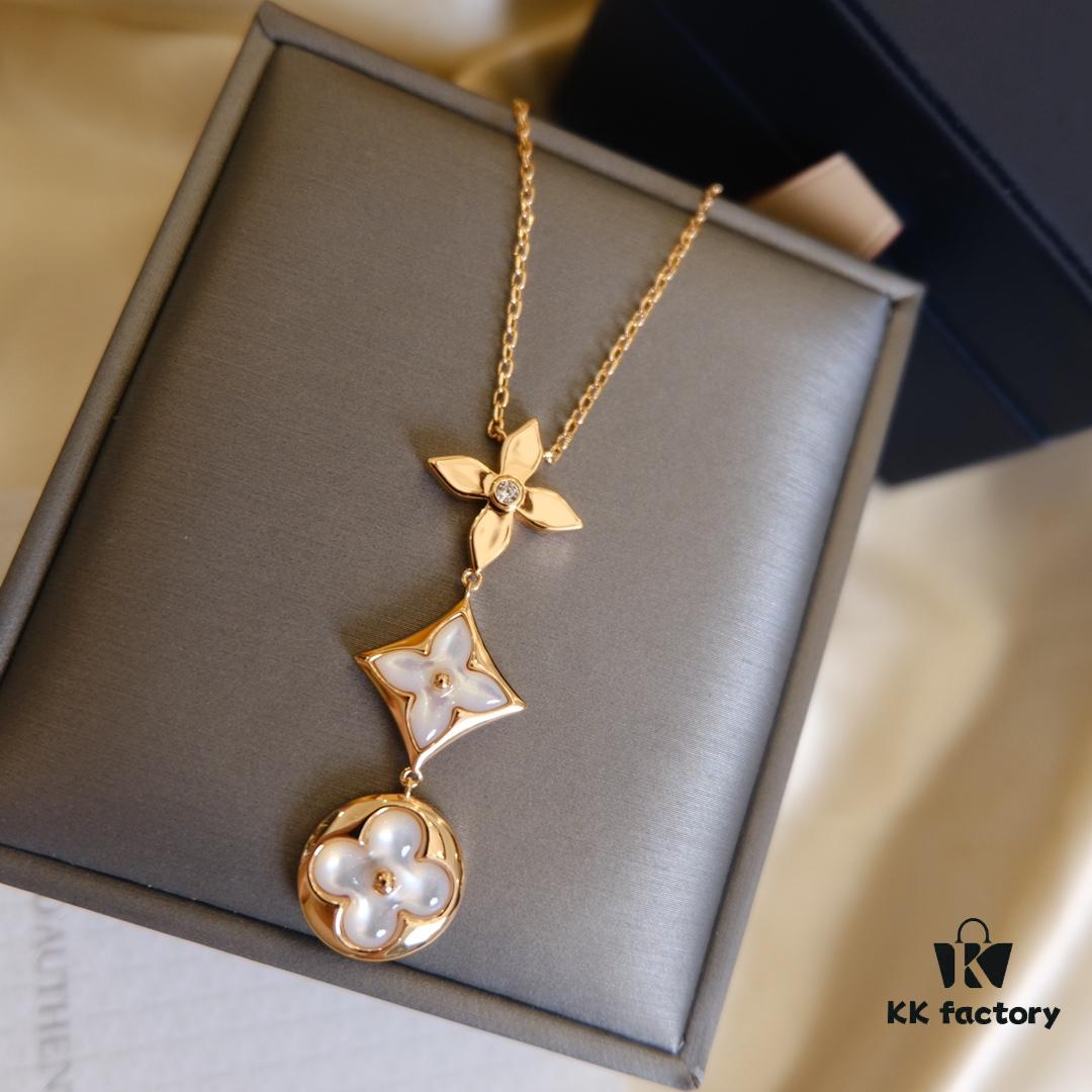 Exquisite ZP LV Jewelry with Classic Flower Design, White and Pink Mother-of-Pearl Inlay, Accented with a Small Diamond, Made in V Gold with Sterling Silver Chain