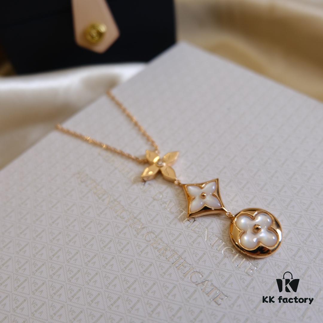 Exquisite ZP LV Jewelry with Classic Flower Design, White and Pink Mother-of-Pearl Inlay, Accented with a Small Diamond, Made in V Gold with Sterling Silver Chain