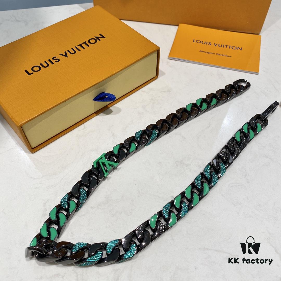 New Arrival: LV Chain Links Patches Cuban Green Colored Diamond Necklace for Men