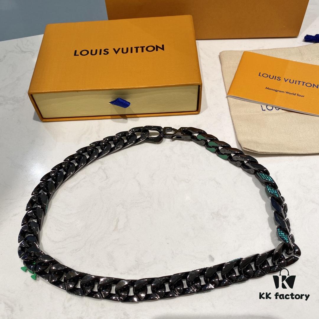 New Arrival: LV Chain Links Patches Cuban Green Colored Diamond Necklace for Men