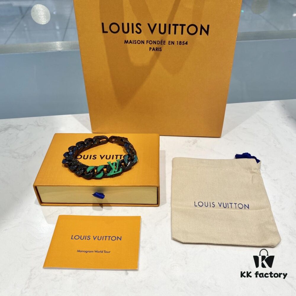 New Arrival~LV Men's Bracelet CHAIN LINKS PATCHES Cuban Green Colorful Crystal Bracelet 21cm