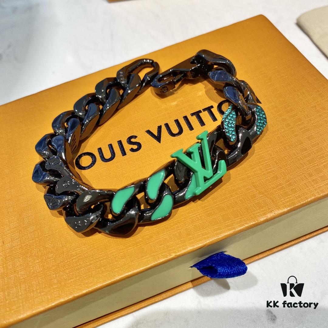 New Arrival~LV Men's Bracelet CHAIN LINKS PATCHES Cuban Green Colorful Crystal Bracelet 21cm