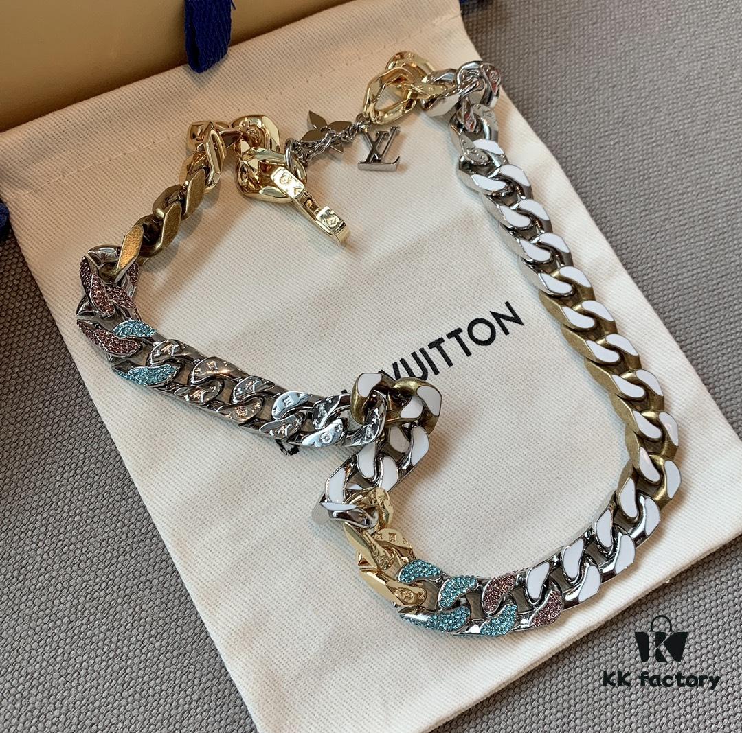 LV 20205S Enamel Necklace/Bracelet Unisex Cuban Link Chain with L and V Interlocking Design and Monogram Pattern