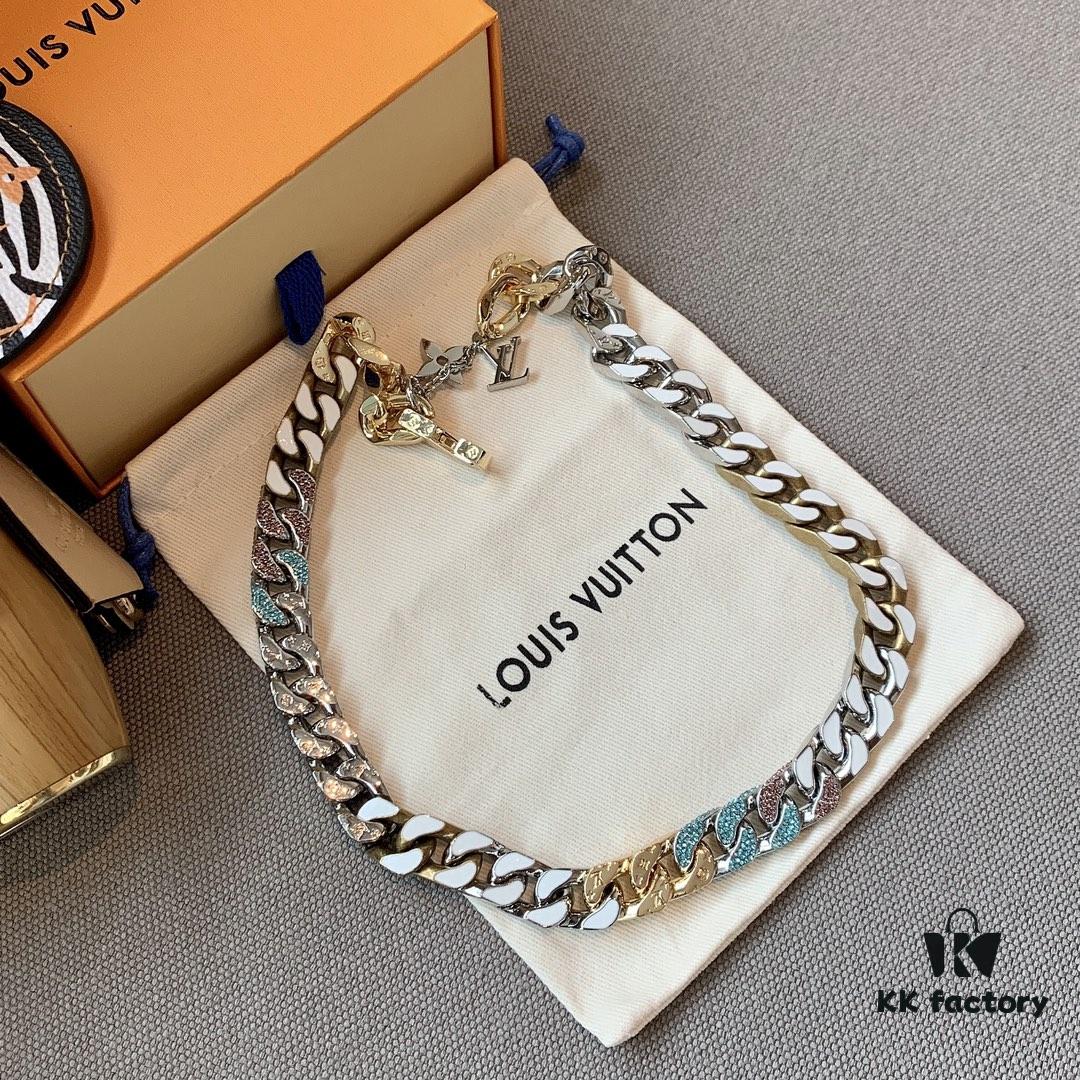 LV 20205S Enamel Necklace/Bracelet Unisex Cuban Link Chain with L and V Interlocking Design and Monogram Pattern