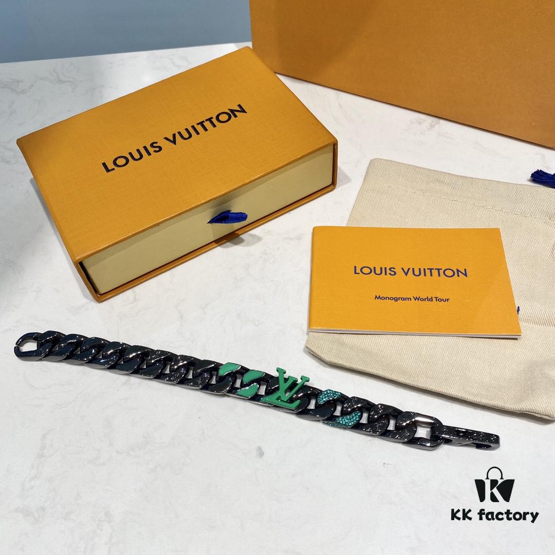New Arrival~LV Men's Bracelet CHAIN LINKS PATCHES Cuban Green Colorful Crystal Bracelet 21cm