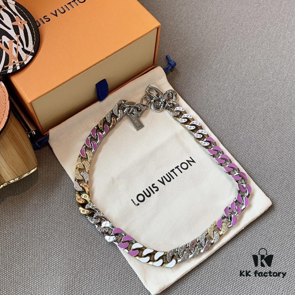 LV 20205S Enamel Necklace/Bracelet Unisex Cuban Link Chain with L&V Logo and Monogram Pattern
