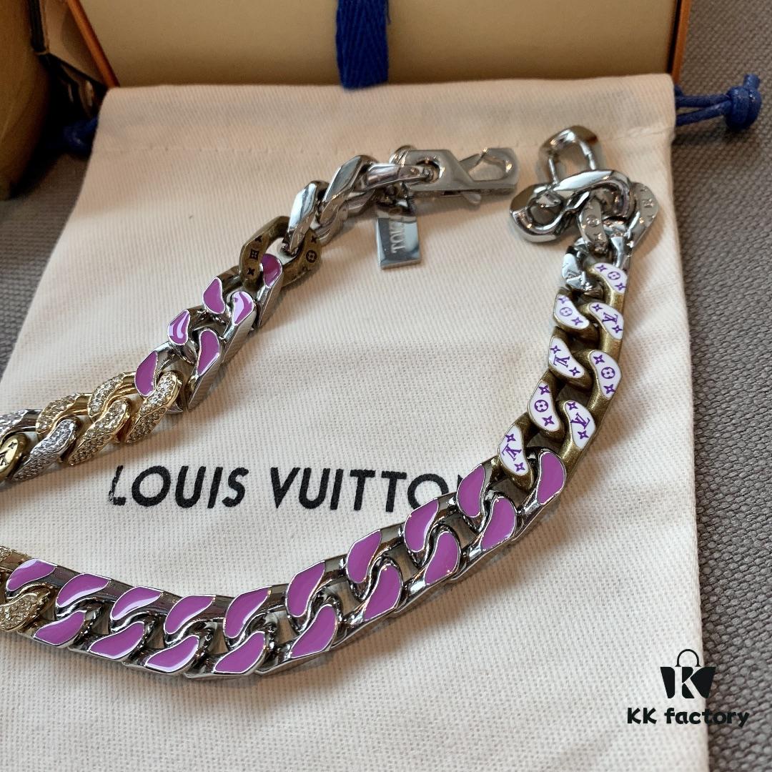 LV 20205S Enamel Necklace/Bracelet Unisex Cuban Link Chain with L&V Logo and Monogram Pattern