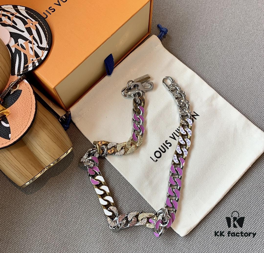 LV 20205S Enamel Necklace/Bracelet Unisex Cuban Link Chain with L&V Logo and Monogram Pattern