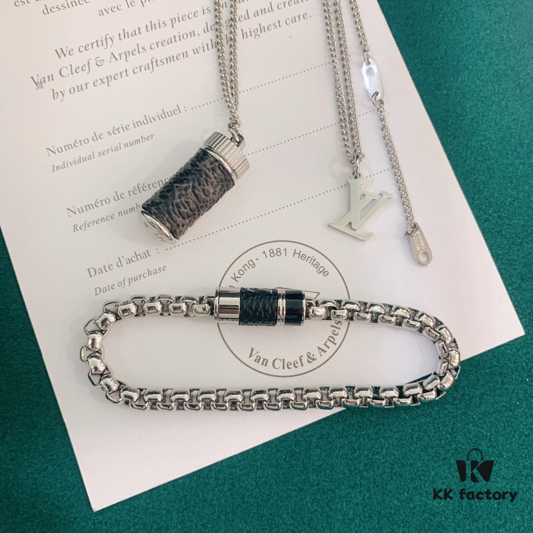 LV Necklace/Bracelet with Rotating Opening, Incorporating Monogram Leather for Personal Fragrance or Amulet