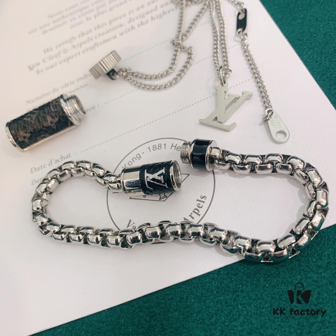 LV Necklace/Bracelet with Rotating Opening, Incorporating Monogram Leather for Personal Fragrance or Amulet