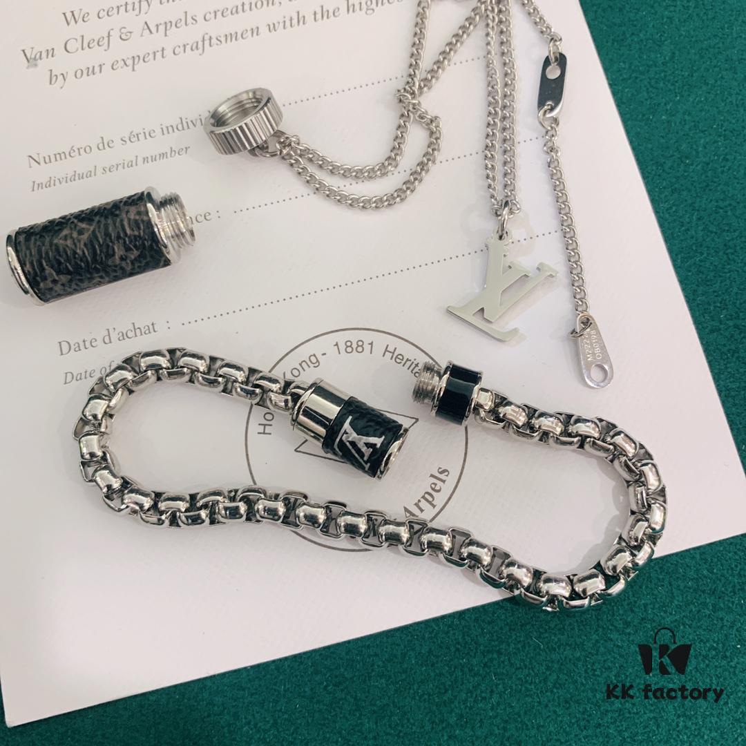 LV Necklace/Bracelet with Rotating Opening, Incorporating Monogram Leather for Personal Fragrance or Amulet