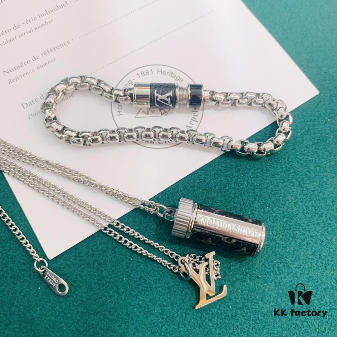 LV Necklace/Bracelet with Rotating Opening, Incorporating Monogram Leather for Personal Fragrance or Amulet