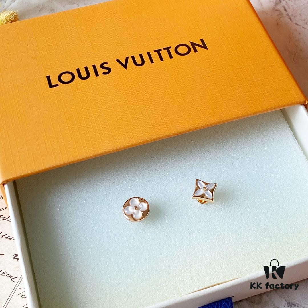LV White Mother-of-Pearl Asymmetrical Earrings, 925 Sterling Silver with Vacuum Plated 18K Rose Gold Finish