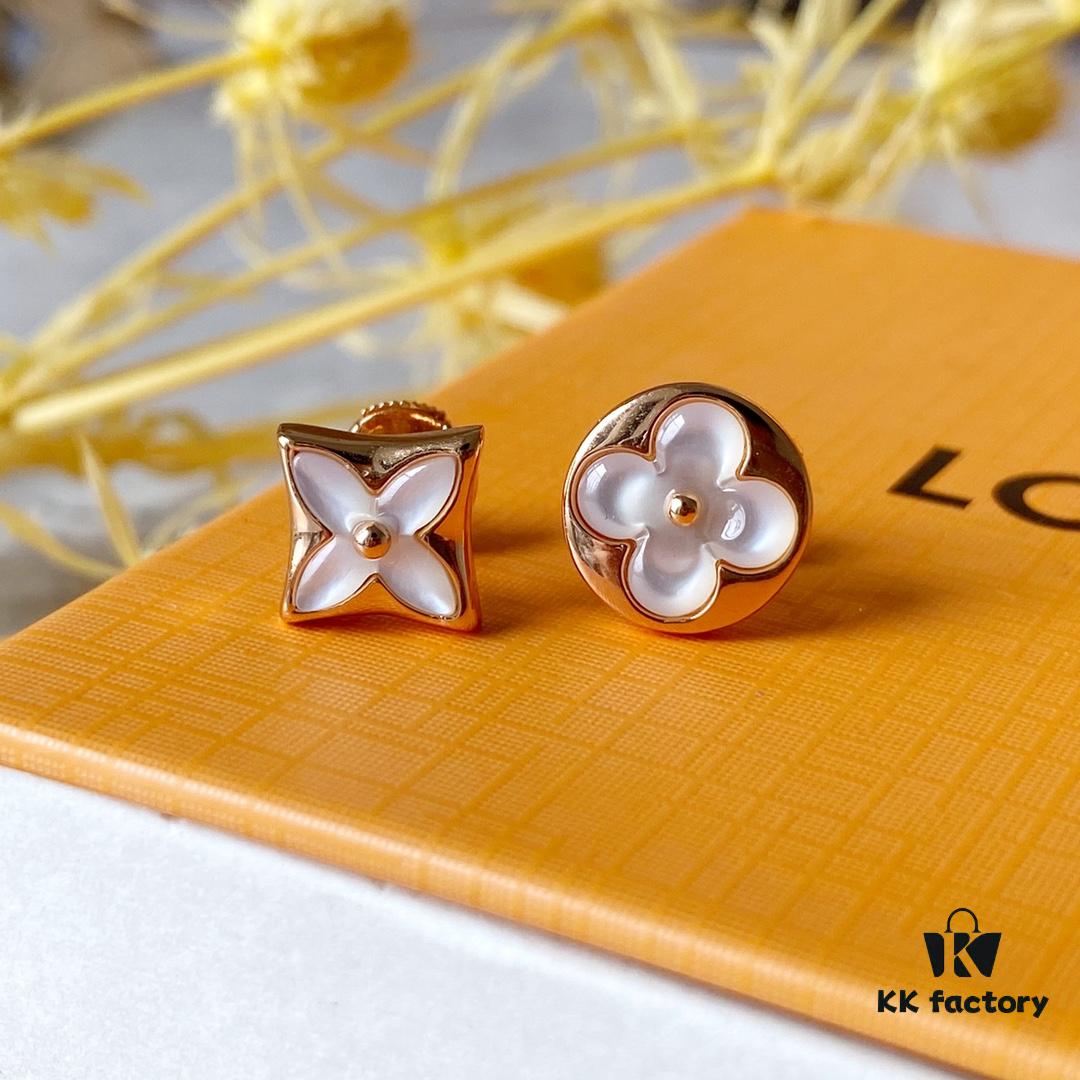 LV White Mother-of-Pearl Asymmetrical Earrings, 925 Sterling Silver with Vacuum Plated 18K Rose Gold Finish