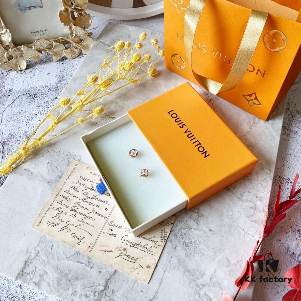 LV White Mother-of-Pearl Asymmetrical Earrings, 925 Sterling Silver with Vacuum Plated 18K Rose Gold Finish