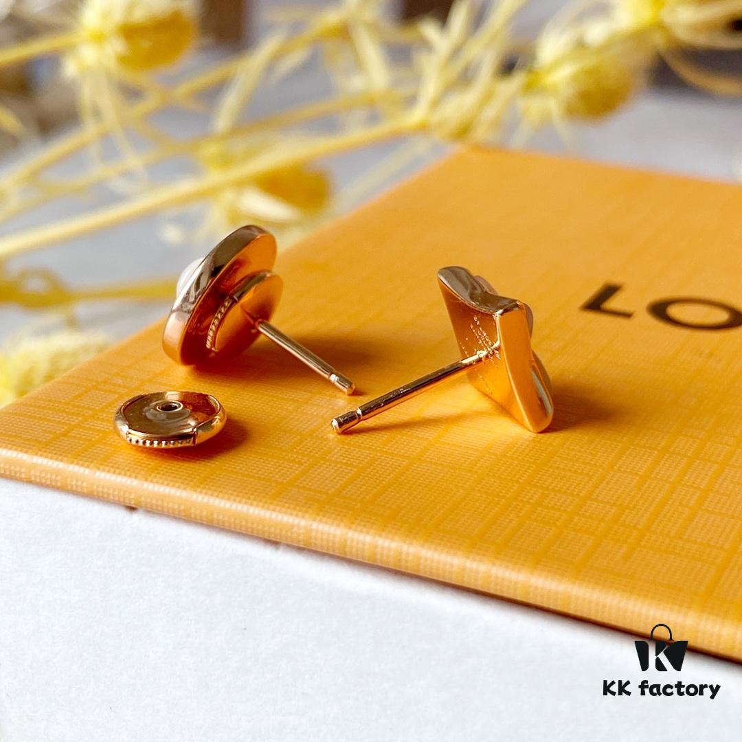 LV White Mother-of-Pearl Asymmetrical Earrings, 925 Sterling Silver with Vacuum Plated 18K Rose Gold Finish