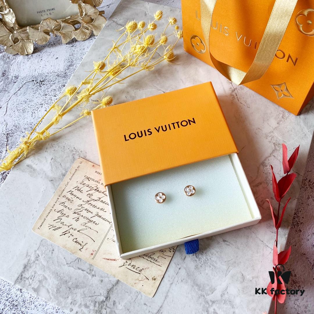 LV Round White Mother-of-Pearl Stud Earrings with 18K Rose Gold Plating