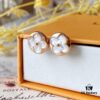 LV Round White Mother-of-Pearl Stud Earrings with 18K Rose Gold Plating