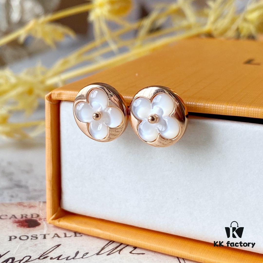 LV Round White Mother-of-Pearl Stud Earrings with 18K Rose Gold Plating