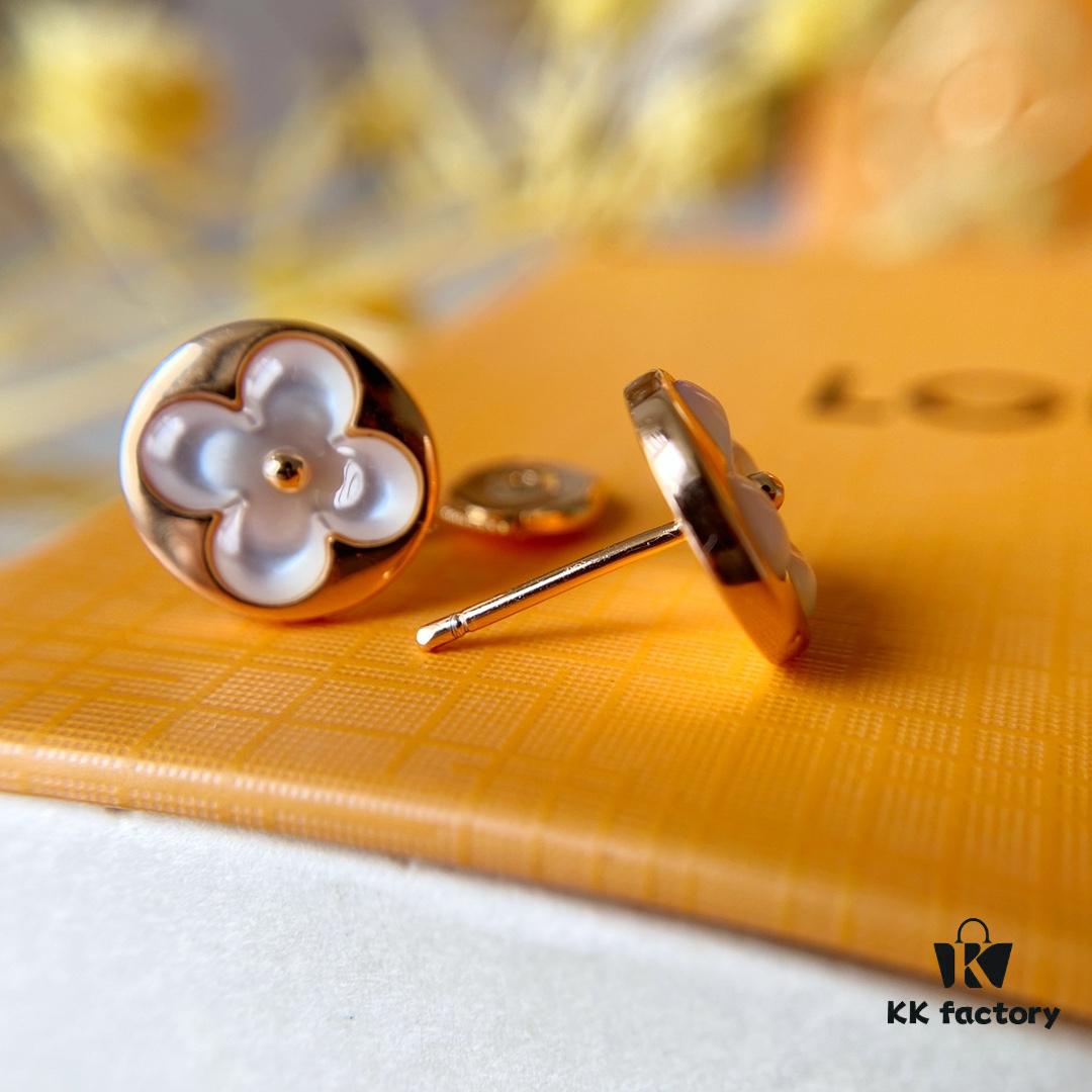 LV Round White Mother-of-Pearl Stud Earrings with 18K Rose Gold Plating