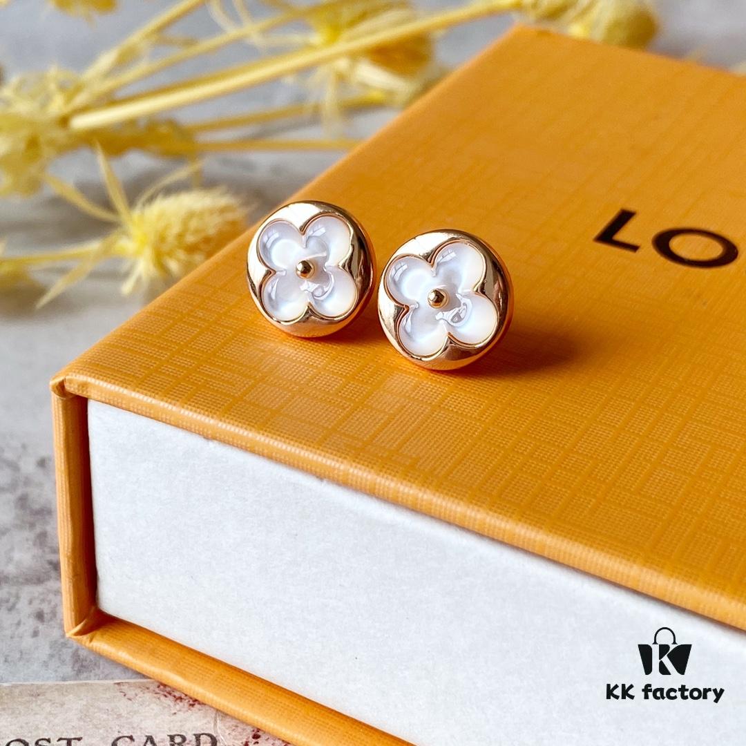 LV Round White Mother-of-Pearl Stud Earrings with 18K Rose Gold Plating