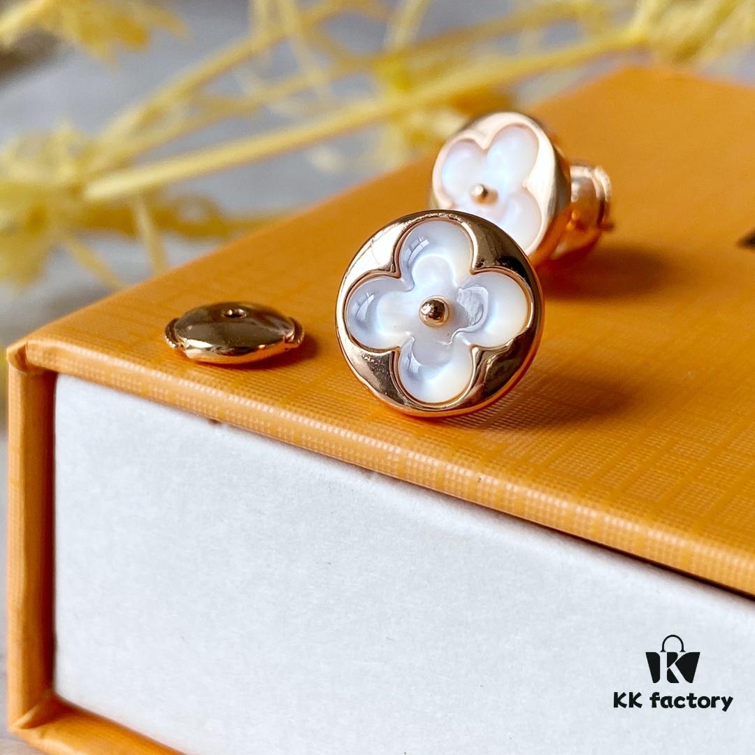 LV Round White Mother-of-Pearl Stud Earrings with 18K Rose Gold Plating