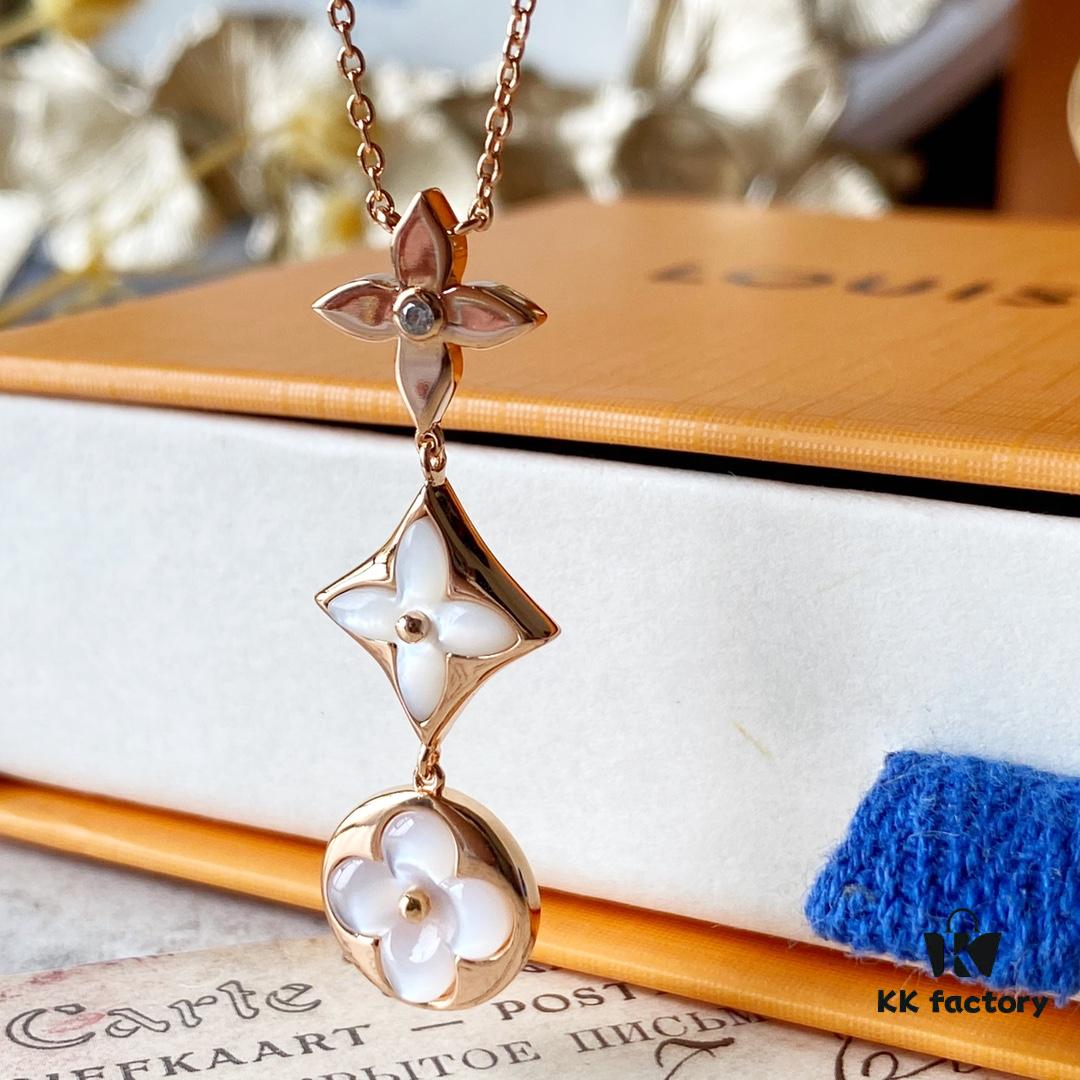 LV Round White Mother-of-Pearl Three Flower Necklace in 925 Sterling Silver with 18K Rose Gold Plating