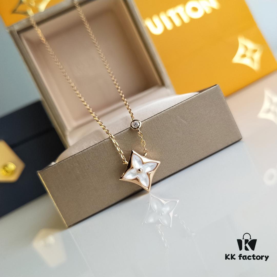 LV Diamond-Pattern Natural White Mother-of-Pearl Pendant Necklace