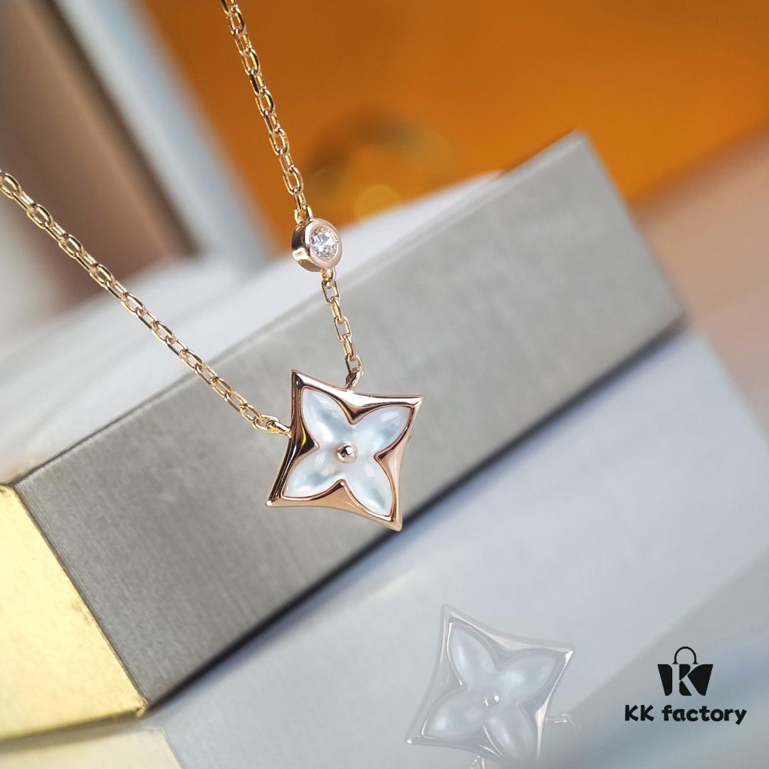 LV Diamond-Pattern Natural White Mother-of-Pearl Pendant Necklace