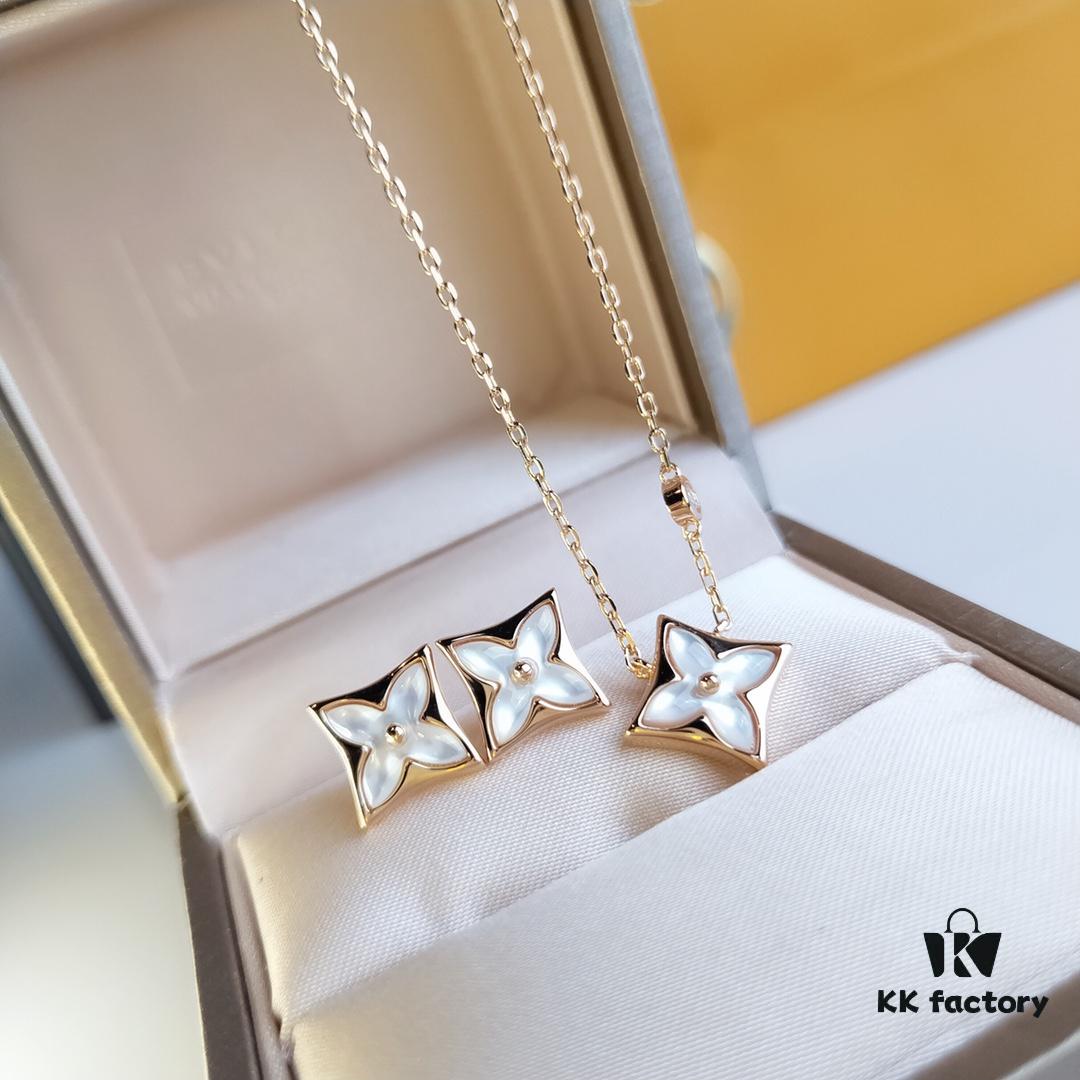 LV Diamond-Pattern Natural White Mother-of-Pearl Pendant Necklace