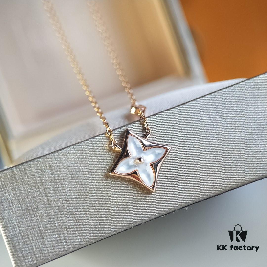 LV Diamond-Pattern Natural White Mother-of-Pearl Pendant Necklace