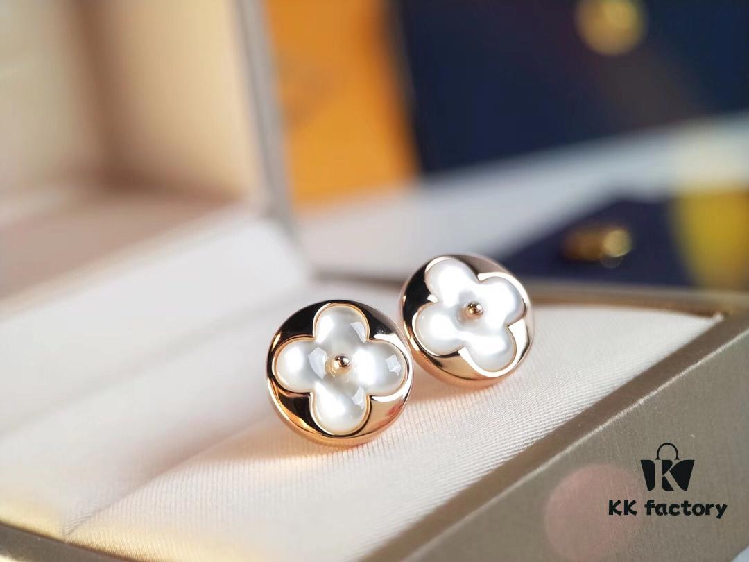 LV Classic Monogram White Mother-of-Pearl Stud Earrings