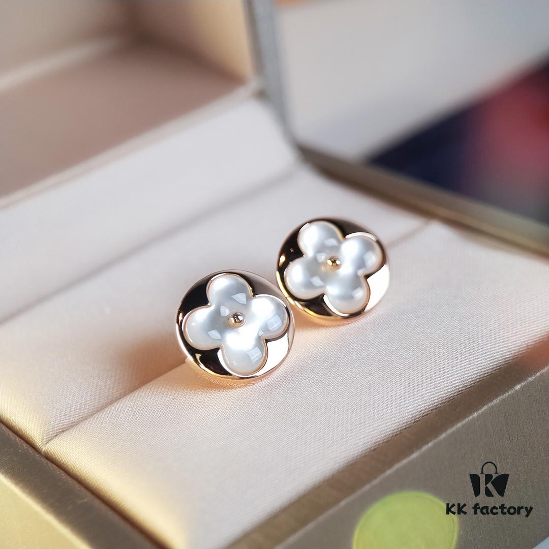 LV Classic Monogram White Mother-of-Pearl Stud Earrings