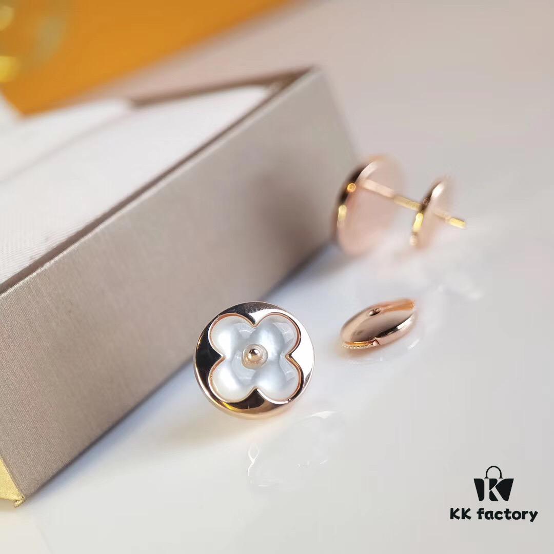 Classic Round LV Monogram White Mother-of-Pearl Stud Earrings