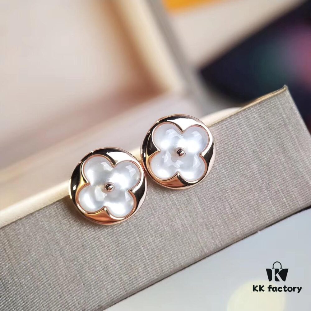 Classic Round LV Monogram White Mother-of-Pearl Stud Earrings