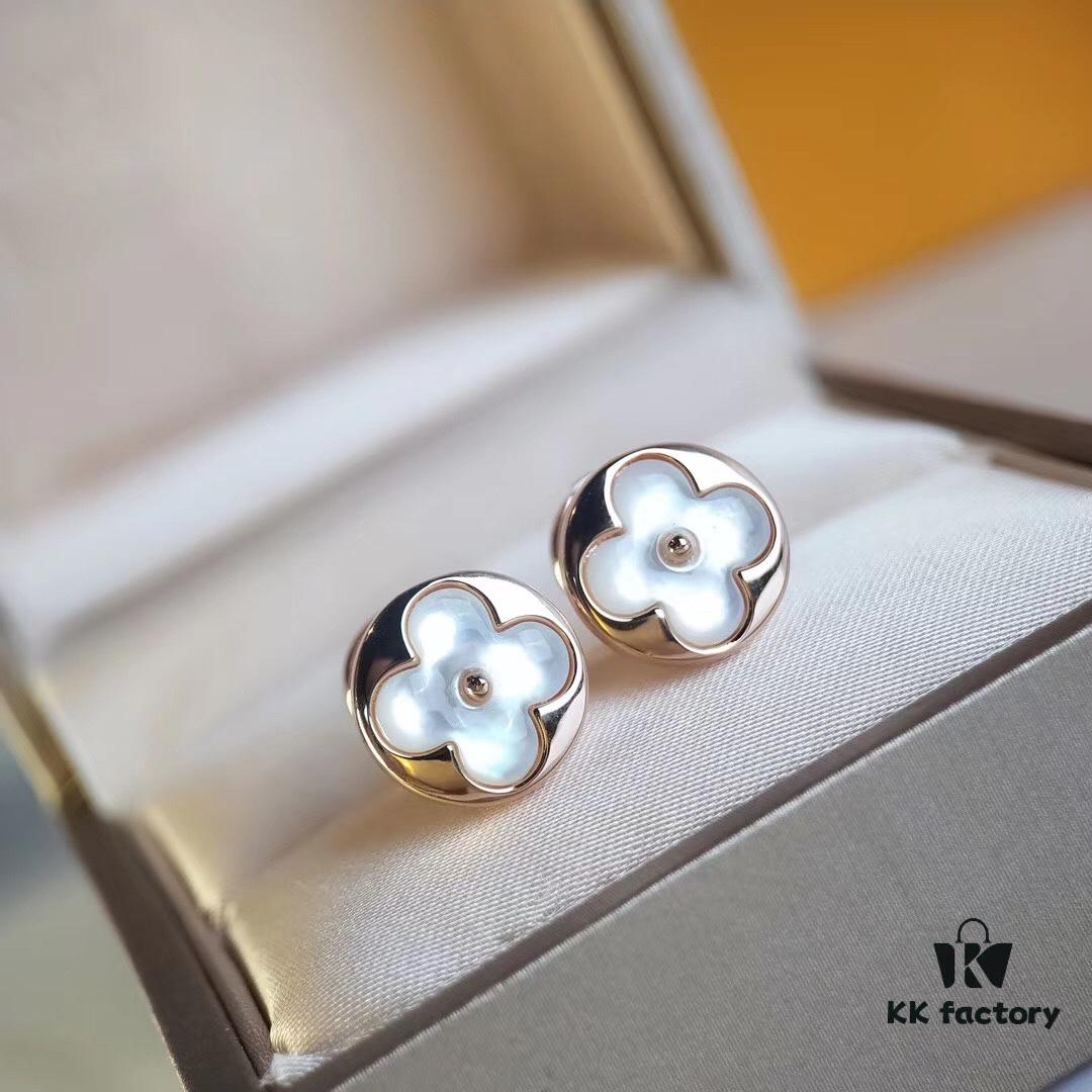 Classic Round LV Monogram White Mother-of-Pearl Stud Earrings