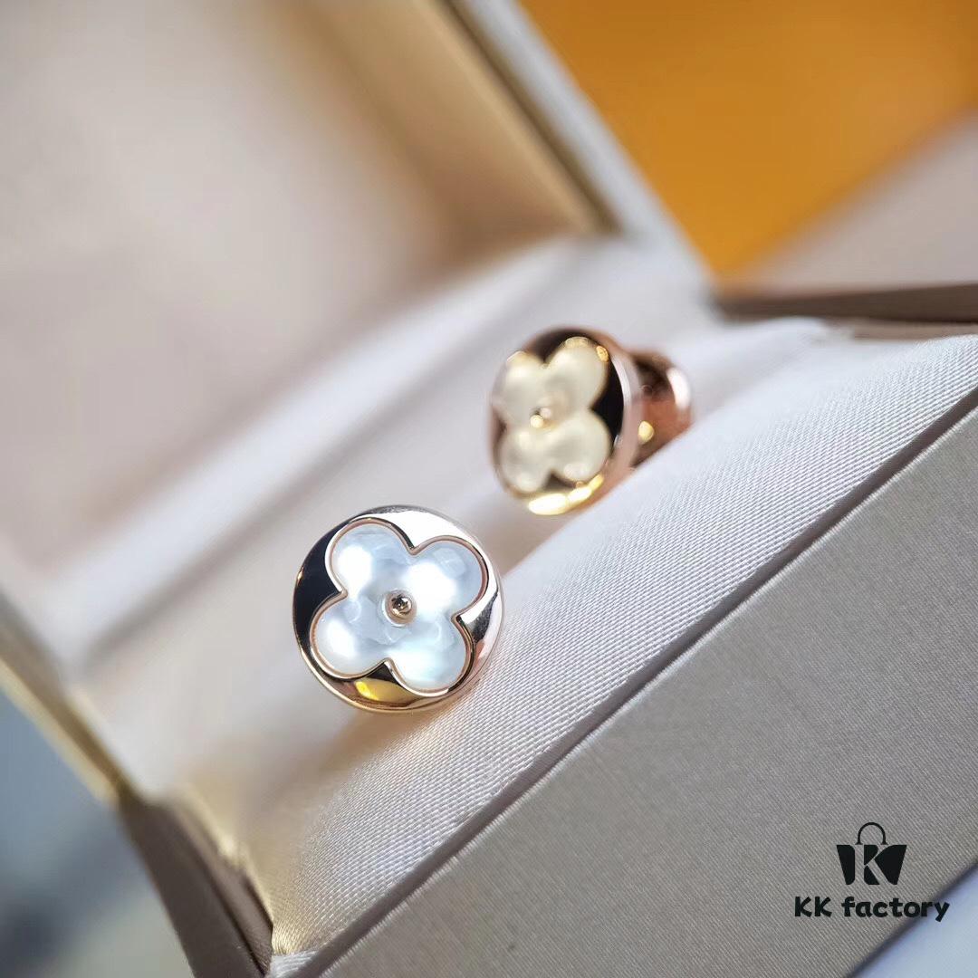 Classic Round LV Monogram White Mother-of-Pearl Stud Earrings