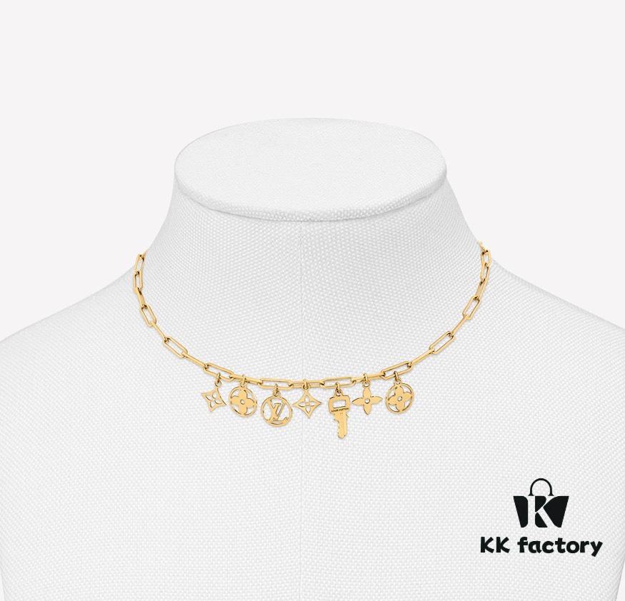 👑LV Louis Vuitton Fall/Winter 2021 Fashion Chunky Chain Multi-Floral Necklace, New Arrival, Stylish Combination with LV Signature Elements, Official Website Selected Design Featuring Brilliant Faceted Craftsmanship for a Lustrous, Eye-Catching Shine from Every Angle, Elegant and Highly Recognizable with Minimalist Design