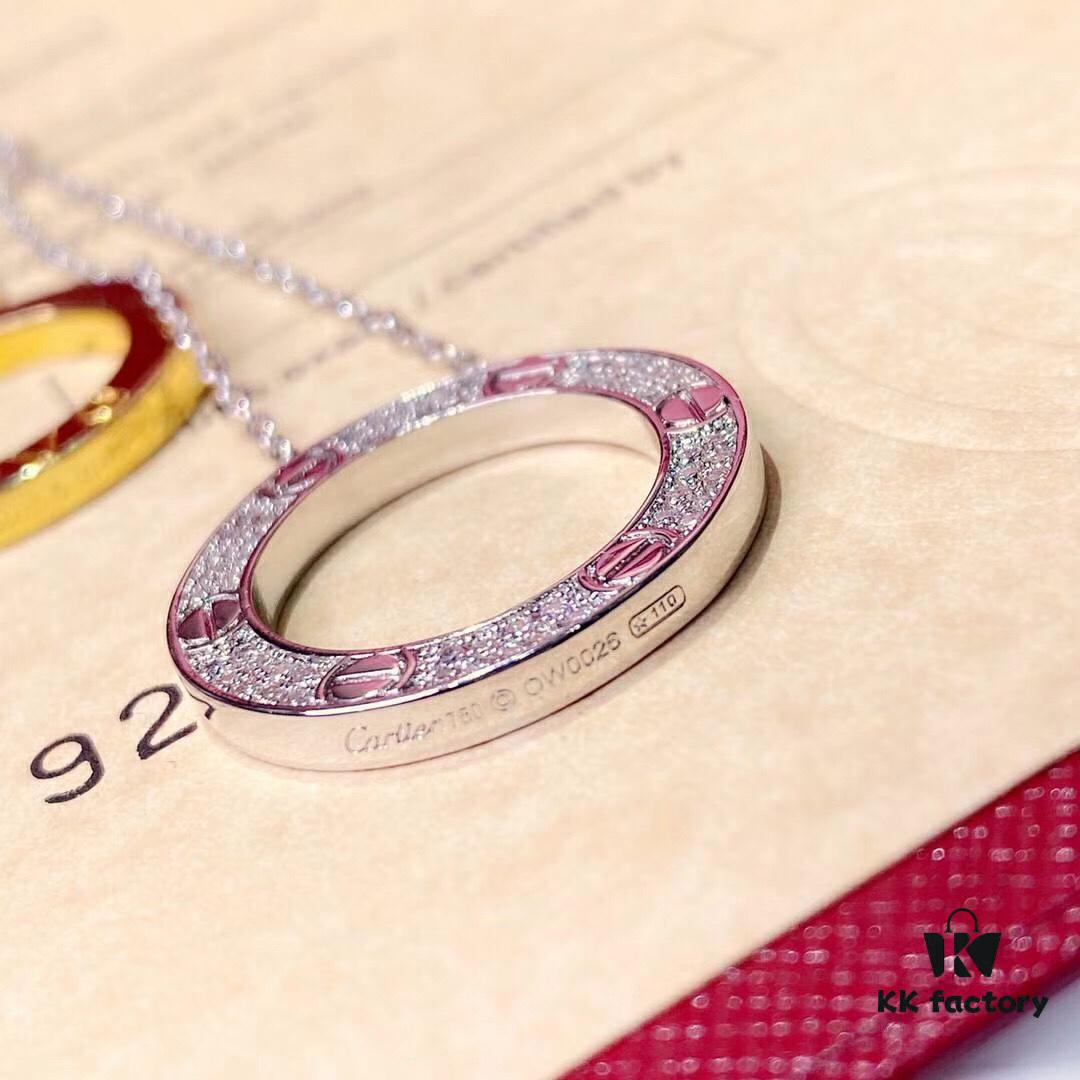 Cartier Love Series Full Diamond-Set Smooth 'Big Cake' Necklace, Two-Way Wearable, German Imported Gold Plated with Pt 950 Platinum Finish, Anti-Tarnish, Authentic Logo Engraving and Holographic Security Code, Lobster Clasp in Rose Gold, White Gold, and Yellow Gold