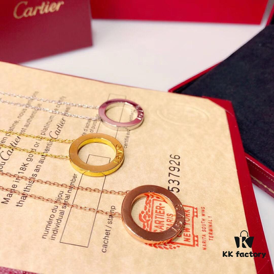 Cartier Love Series Full Diamond-Set Smooth 'Big Cake' Necklace, Two-Way Wearable, German Imported Gold Plated with Pt 950 Platinum Finish, Anti-Tarnish, Authentic Logo Engraving and Holographic Security Code, Lobster Clasp in Rose Gold, White Gold, and Yellow Gold